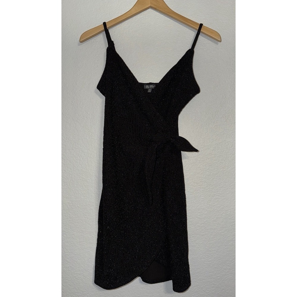 Lily Rose Black Shimmer Glitter Midi Dress XS Spaghetti Strap Wrap Waist